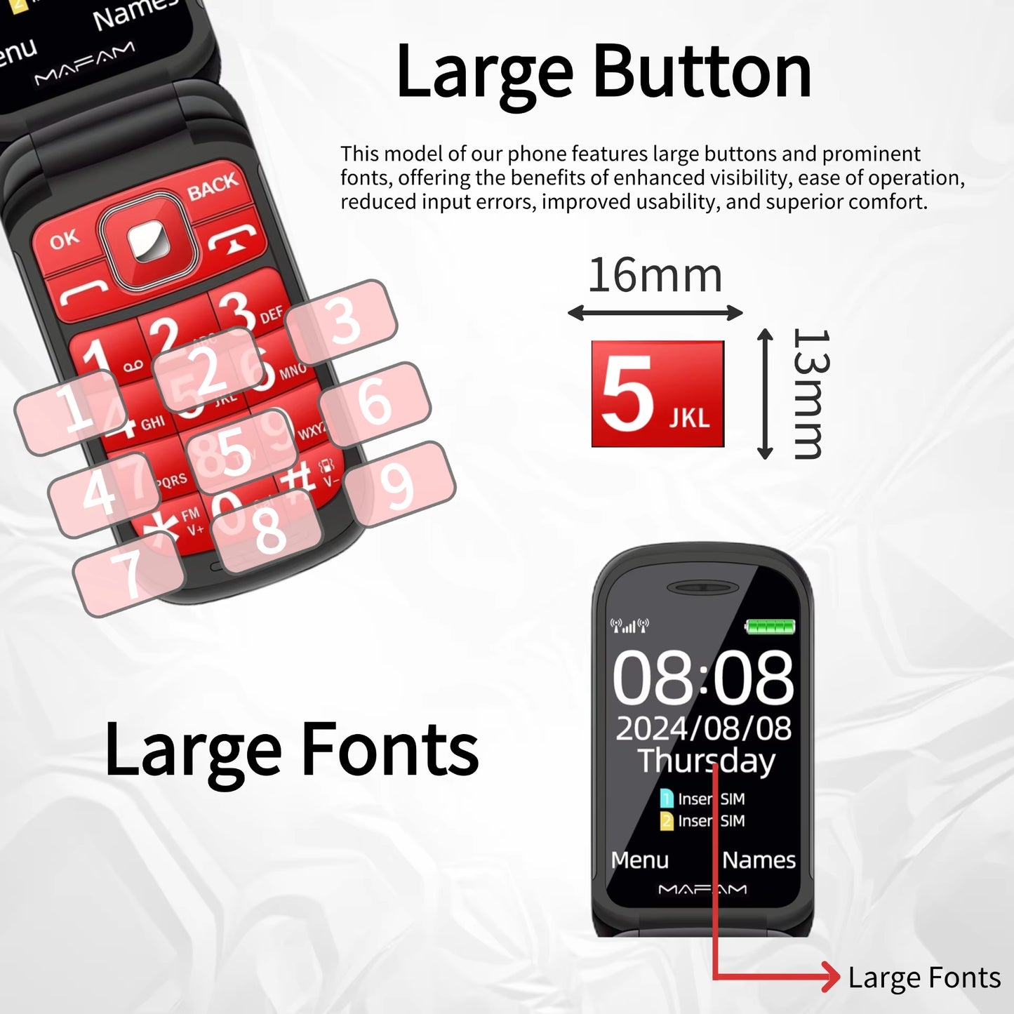 Senior Flip Dual Display Mobile Phone for Elderly Two SIM Card Large Button Speed Dial Flashlight FM Radio Push Button SOS Call