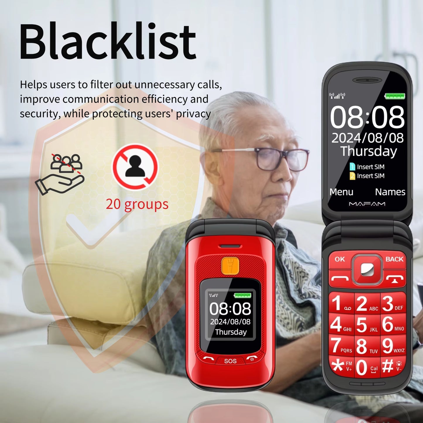Senior Flip Dual Display Mobile Phone for Elderly Two SIM Card Large Button Speed Dial Flashlight FM Radio Push Button SOS Call